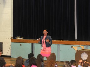 Jacqui Currie spoke to St. Joseph's School students about the importance of a positive mindset and healthy relationships (Jeremy Appel | Whitecourt Star).