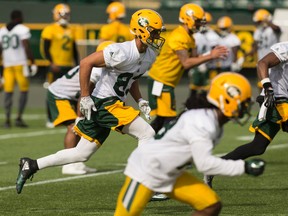 Brandon Zylstra (83) participates in a drill during Edmonton Eskimos training camp at Commonwealth Stadium in Edmonton on Sunday, June 4, 2017.