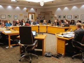 With a gallery full of observers, the Limestone District School Board trustees discuss the final administrative report given during the School Enrolment/School Capacity Committee of the Whole Board (SE/SCC) around the fate of Yarker Family School. Julia McKay/The Whig-Standard