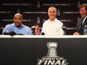 Former NBA Player Charles Barkley, former Edmonton Oilers great Paul Coffey and NHL Centennial Ambassador Wayne Gretzky speak during a press conference prior to Game 4 of the Stanley Cup final between the Pittsburgh Penguins and the Nashville Predators at the Bridgestone Arena on June 5, 2017. (Frederick Breedon/Getty Images)