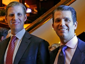 Eric Trump, left, and Donald Trump Jr., executive vice presidents of The Trump Organization, pose for a photograph at an event for Scion Hotels, a division of Trump hotels, Monday, June 5, 2017, in New York. (AP Photo/Kathy Willens)