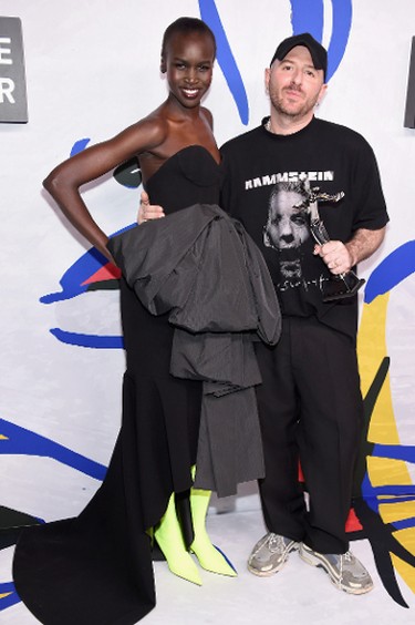 NEW YORK, NY - JUNE 05:  Model Alek Wek and designer Demna Gvasalia for Vetements and Balenciaga poses with International Award on the Winners Walk during 2017 CFDA Fashion Awards at Hammerstein Ballroom on June 5, 2017 in New York City.  (Photo by Dimitrios Kambouris/Getty Images)