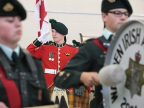 Cadet regimental Sgt. major chief warrant officer Brian Schouten salutes dignitaries during the march past at the 2964 Walden Irish Royal Canadian Army Cadets during their 38 annual inspection in Sudbury, Ont. on Sunday June 4, 2017. The ceremony included awards, moving displays and a change of command ceremony in which Capt. Pierre Sivert was handed the commanding officer position from Capt. Sheri Penney.Gino Donato/Sudbury Star/Postmedia Network