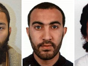 This is an undated three photo combo handout photo issued by the Metropolitan Police of Khuram Shazad Butt, left, Rachid Redouane, centre and Youssef Zaghba who have been named as the suspects in Saturday's attack at London Bridge. (Metropolitan Police via AP)