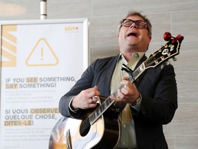 Singer-songwriter Steven Page performs a three-song set at the train station in Belleville, Ont., in March of last year. He’s performing at the Winspear on Friday to raise money for mental health initiatives.