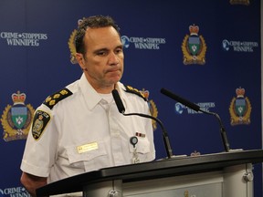 Winnipeg Police Service Chief Danny Smyth talks to the media on Tuesday, June 6, 2017 at Winnipeg police headquarters, saying that 15 positions will be eliminated from the police complement, with officers currently in those placements moved to fill other vacancies. The change follows a budget revamp after provincial funding was altered for two budget years. JOYANNE PURSAGA/Winnipeg Sun/Postmedia Network
