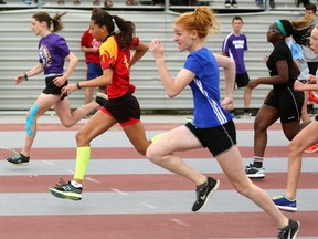 Reegen Lindie, 12 of Southridge PS, Jadyn Luna, 13 of W. Nissouri and Olivia Krahn, 12 of Port Stanley PS place 1,2,3 in the senior girls 100m dash at the Thames Valley District School boards track and field championships held at TD stadium on Tuesday June 6, 2017. The track meet features students from all the regions of the TVDSB with about 1,200 participants in the one day event that runs from 8:30 in the morning till about 4pm. (MIKE HENSEN, The London Free Press)