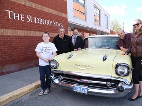 Aries Johnston, 12, of Cruisin' for Organ Donors and "Rich", Gary Michalak, organizer of Rayside Balfour Days, Gerry Montpellier and Bob Johnston of Cruisin' for Organ Donors & "Rich", and Melanie Junge, group manager of media sales at The Sudbury Star, are inviting the community to come out and support Cruisin' for Organ Donors on June 10, 2017 in Chelmsford, Ont. The Sudbury Star is a sponsor of the event. John Lappa/Sudbury Star/Postmedia Network