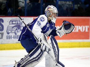Sudbury Wolves goaltender Jake McGrath in action against the Mississauga Steelheads at Sudbury Community Arena on Jan. 16, 2017. McGrath has been selected as one of seven netminders to take part in Hockey Canada's Program of Excellence goalie camp this weekend. Gino Donato/The Sudbury Star/Postmedia Network