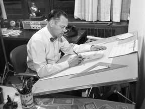 Merle (Ting) Tingley works on a cartoon in his office at The London Free Press in 1965. Tingley, who inspired countless cartoonists and a festival in his name, died Sunday at 95.