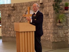 Guest speaker Hugh Segal addresses the crowd at Christ Church on Tuesday during a service to commemorate the anniversary of the death of Sir John A. Macdonald. Canada's first prime minister died on June 6, 1891. (Mike Norris/The Whig-Standard)