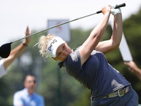 Brooke Henderson tees off on the sixth hole during the final round of the ShopRite LPGA Classic golf tournament Sunday in Galloway Township, N.J. (Frank Franklin II/The Associated Press)