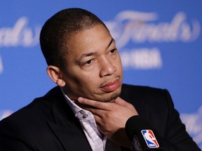Cleveland Cavaliers head coach Tyronn Lue speaks at a news conference after Game 2 of the NBA Finals against the Golden State Warriors in Oakland on June 4, 2017. (AP Photo/Ben Margot)