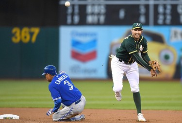 OAKLAND, CA - JUNE 06:  Adam Rosales #16 of the Oakland Athletics completes the double-play getting his throw off over the top of Ezequiel Carrera #3 of the Toronto Blue Jays in the top of the fourth inning at Oakland Alameda Coliseum on June 6, 2017 in Oakland, California.  (Photo by Thearon W. Henderson/Getty Images)