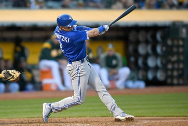 OAKLAND, CA - JUNE 06:  Troy Tulowitzki #2 of the Toronto Blue Jays hits an rbi singles scoring Jose Bautista #19 against the Oakland Athletics in the top of the fourth inning at Oakland Alameda Coliseum on June 6, 2017 in Oakland, California.  (Photo by Thearon W. Henderson/Getty Images)