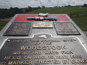 A plaque marks the original site location as the 40th anniversary of the Woodstock music festival approaches August 14, 2009 in Bethel, New York. On August 15-17 in 1969 an estimated 400,000 music fans gathered on Max Yasgur's farm in Bethel, N.Y. for the most celebrated music festival ever. The 40th anniversary concert will take place tomorrow. (Photo by Mario Tama/Getty Images)