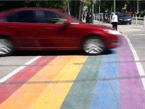 Tire marks damage the rainbow crosswalk, painted for Pride. (Saskatoon StarPhoenix)