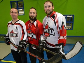Danny Larocque, Ryan Beliveau, and Sam Hill, l-r, will be going to Italy to play for Team Canada in the World Inline Hockey Masters championships. (MORRIS LAMONT, The London Free Press)