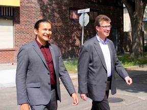 Andrew Swan (right) walks with Wab Kinew before officially endoring his bid to become NDP leader Wednesday, June 7, 2017.
Scott Billeck/Winnipeg Sun