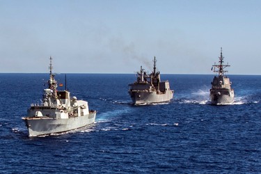 Her Majesty’s Canadian Ship (HMCS) ST JOHN’S, the Spanish Auxiliary Ship PATIŇO and the Spanish Naval Frigate MENDEZ NUNEZ sail in formation as they transit the Mediterranean Sea during Operation REASSURANCE, May 3, 2017.

Photo: Leading Seaman Ogle Henry, Formation Imaging Services