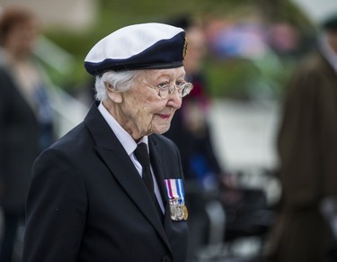 Janet Watt, 96, Wren Association of Canada, finishes singing  God Save the Queen to mark the end of the commemoration of the 73rd anniversary of D-Day and the Battle of Normandy during the Second World War at a ceremony held at Nathan Phillips Square in Toronto, Ont. on Tuesday June 6, 2017. Ernest Doroszuk/Toronto Sun/Postmedia Network