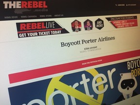 A photo of TheRebel.media website calling for a boycott of Porter Airlines taken June 7, 2017. (Postmedia Network)