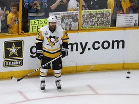 Phil Kessel of the Pittsburgh Penguins looks on prior to Game 4 of the Stanley Cup Final against the Nashville Predators at the Bridgestone Arena on June 5, 2017. (Bruce Bennett/Getty Images)