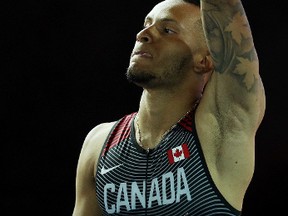 Andre De Grasse of Canada prepares to run in heat two of the Men's 4 x 100 Meters Relay during the IAAF/BTC World Relays Bahamas 2017 at Thomas Robinson Stadium on April 22, 2017 in Nassau, Bahamas. (Photo by Patrick Smith/Getty Images for IAAF)