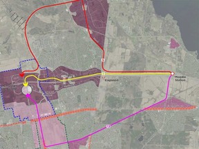 The City of Ottawa started with 13 possible corridors for Kanata LRT and has decided to further study three routes. The corridor along Highway 417 (the yellow line) is considered the strongest option.