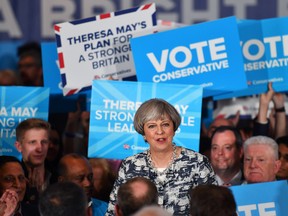 Prime Minister Theresa May speaks during her last campaign visit at the National Conference Centre on June 7, 2017 in Solihull, United Kingdom. (GETTY IMAGES)