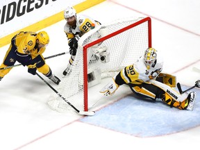 Frederick Gaudreau of the Nashville Predators scores a goal against Matt Murray of the Pittsburgh Penguins during Game 4 of the Stanley Cup Final at the Bridgestone Arena on June 5, 2017. (Bruce Bennett/Getty Images)