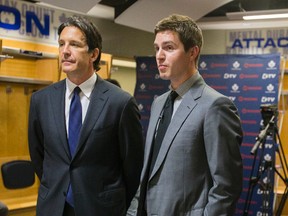 It looks like Leafs boss Brendan Shanahan (left) and assistant GM Kyle Dubas will be working together for years to come. (Ernest Doroszuk/Toronto Sun files)
