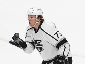 L.A. Kings forward Tyler Toffoli catches a flying puck during an NHL game against the Edmonton Oilers at Rogers Place on March 28, 2017. (Ian Kucerak/Postmedia)
