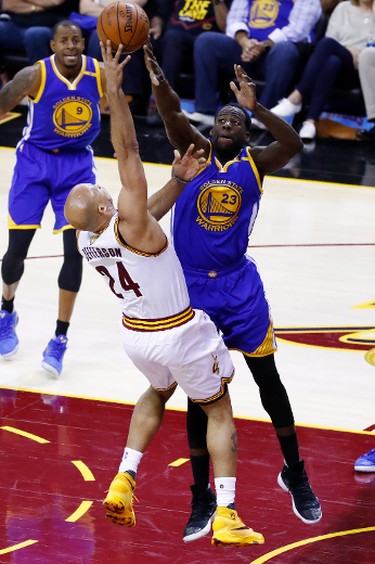 Richard Jefferson #24 of the Cleveland Cavaliers attempts a shot defended by Draymond Green #23 of the Golden State Warriors during the first half of Game 3 of the 2017 NBA Finals at Quicken Loans Arena on June 7, 2017 in Cleveland, Ohio. (Photo by Gregory Shamus/Getty Images)