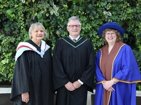 Loyalist College photo
June Hagerman, chairperson of the Loyalist board of governors; convocation guest speaker Marc Crawford, Associate Coach for the Ottawa Senators; and Dr. Ann Marie Vaughan, Loyalist College President and CEO gather after Thursday’s graduation ceremonies. Crawford was presented an honourary diploma from the college during Thursday’s ceremonies.