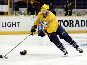 Nashville Predators left winger Colin Wilson skates a drill during practice on June 4, 2017, in Nashville, Tenn. (AP Photo/Mark Humphrey)