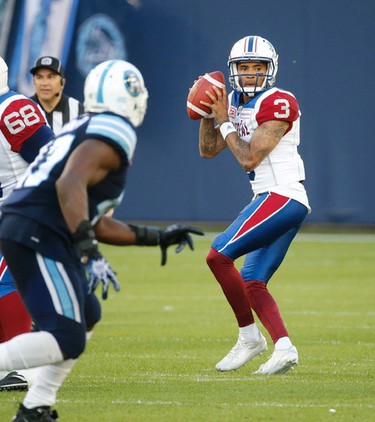Montreal Alouettes Vernon Adams Jr. QB (3) rears back in the first quarter during pre-season CFL action in Toronto, Ont. on Thursday June 8, 2017. Jack Boland/Toronto Sun/Postmedia Network