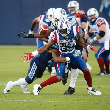 Toronto Argonauts Qudarius Ford DB (14) chases down Montreal Alouettes TJ Graham WR (89) and causes the no catch the second quarter during pre-season CFL action in Toronto, Ont. on Thursday June 8, 2017. Jack Boland/Toronto Sun/Postmedia Network