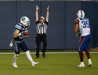 Toronto Argonauts Jimmy Ralph WR (88) hauls in a winning TD early in the fourth quarter during pre-season CFL action in Toronto, Ont. on Thursday June 8, 2017. Jack Boland/Toronto Sun/Postmedia Network
