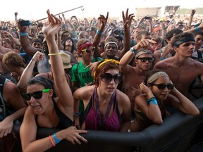 This June 11, 2011 file photo shows music fans gathering to watch Wiz Khalifa during the Bonnaroo Music and Arts Festival in Manchester, Tenn. (AP Photo/Dave Martin, file)