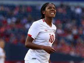 Canada FB Ashley Lawrence reacts after her shot missed the target during an international friendly soccer match against Costa Rica at Investors Group Field in Winnipeg on Thurs., June 8, 2017. Kevin King/Winnipeg Sun/Postmedia Network