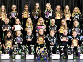 Brooks Academy of Dance's 2016-17 competitive team includes from left (front) Aiyana Baird, Randi Cordeiro, Merissa Kyle, Rena Stockmans, Sofia Ferreira, Kayden Dujardin, Charlotte Barr, Payton Brezynskie, and Alana Roloson. Middle row from left are Sydney Moore, Nolan Mogg, Kalleigh Bakker, Madelyn DeLaere, Angelina Stanley, Taylor Roloson, Allie Martin, Ally Dujardin, and Maci Nold. Back Row from left are Amelia Cull, Alana Luciani, Rae Jones, Tia Antoine, Sami Maerten, Lexi Scott, Kayla Roy, Breanna Kyle, Hailey Berwick, and Taylor Rice. (Chris Abbott/Tillsonburg News)