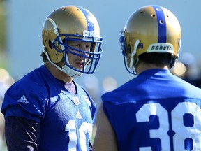 LBs Sam Hurl (left) and Ian Wild talk during Winnipeg Blue Bombers training camp on the University of Manitoba campus in Winnipeg on Mon., June 5, 2017. Kevin King/Winnipeg Sun/Postmedia Network