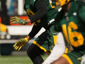 Terrance Bullitt (49) runs a drill during Edmonton Eskimos training camp at Commonwealth Stadium in Edmonton on June 4, 2017.