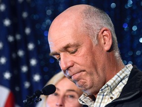 In this May 25, 2017, file photo, Greg Gianforte celebrates his win over Rob Quist for Montana’s open congressional seat in Bozeman, Mont. (Rachel Leathe/Bozeman Daily Chronicle via AP, File)