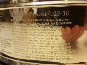 The 2015-16 Pittsburgh Penguins engraving on the Stanley Cup. (Hockey Hall of Fame Archives)