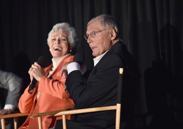 Actors Lee Meriwether (L) and Adam West speak onstage at "Batman: The Movie" during Day 2 of the TCM Classic Film Festival 2016 on April 29, 2016 in Los Angeles, California. (Alberto E. Rodriguez/Getty Images for Turner)
