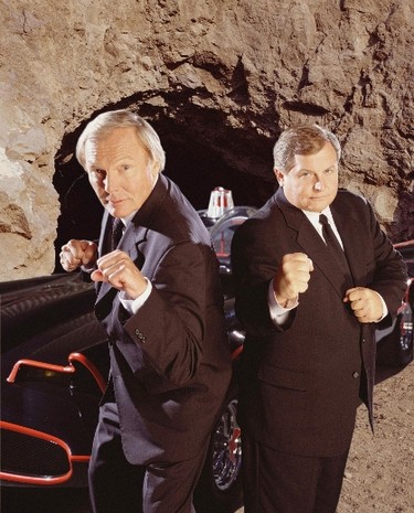 Adam West, left, and Burt Ward pose for an undated production still during the filming of their new 2003 television film, "Return To The Batcave: The Misadventures of Adam and Burt."  (AP Photo/CBS-TV,Tony Esparza)