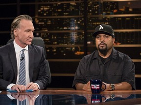 In this image released by HBO, host Bill Maher, left, appears with actor-rapper Ice Cube during a broadcast of "Real Time with Bill Maher," on Friday, June 9, 2017, in Los Angeles. (Janet Van Ham/HBO via AP)