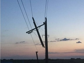 The most severe damage was in the Westman area, a Manitoba Hydro spokesperson said on Saturday, June 10, 2017. Crews were working to repair three broken poles, numerous trees fell onto power lines, a downed line and a blown transformer. Saturday morning, about 1,400 customers in St. Vital in Winnipeg, mostly in the areas of Kingston Row and Fermor Road, lost power but it was restored around 9 a.m. HANDOUT/Manitoba Hydro